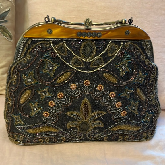 Black and Brown bag with glass iridescent beads. - Picture 1 of 10